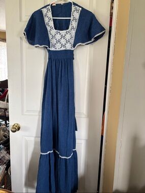 70’s Blue Maxi Dress with White Lace Yoke